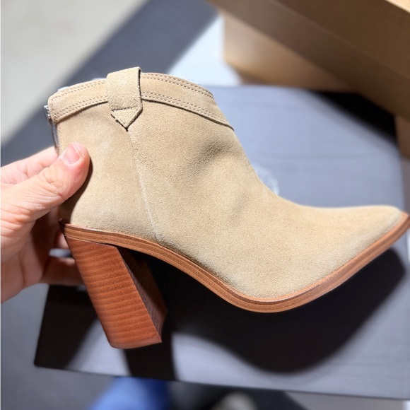 Vince Camuto Shoes - Vince Camuto Beige Suede Ankle Bootie with Stacked Heel